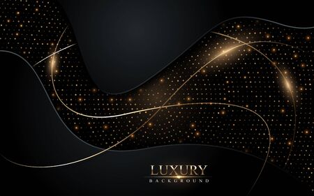 Abstract dark luxury with gold glowing lines and circle dots background design. Textured overlap layer background designのイラスト素材