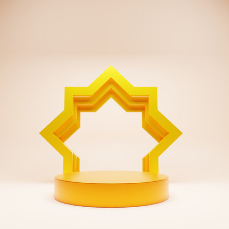 3d rendering of golden podium with star. Elegant background for product presentation.の写真素材
