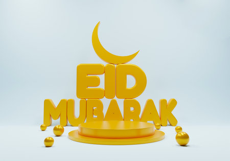 3d rendering of Eid Mubarak text with gold crescent moon on podiumの写真素材
