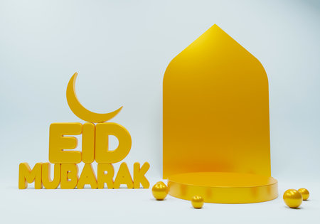 3d illustration of Eid Mubarak celebration with golden moon and crescentの写真素材