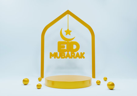 3d rendering of golden eid mubarak text on podiumの写真素材