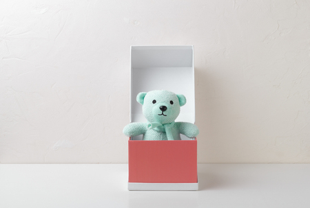 Teddy bear in gift box, isolated on white background with clipping path.の写真素材