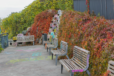 Park bench on park, with background graffiti, Pgarue Czech Republicの写真素材