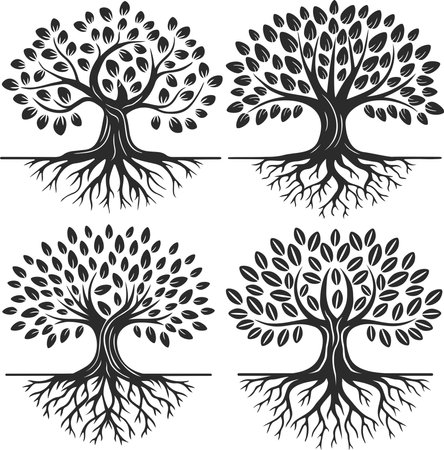 Black and white trees with roots â unity with natureのイラスト素材