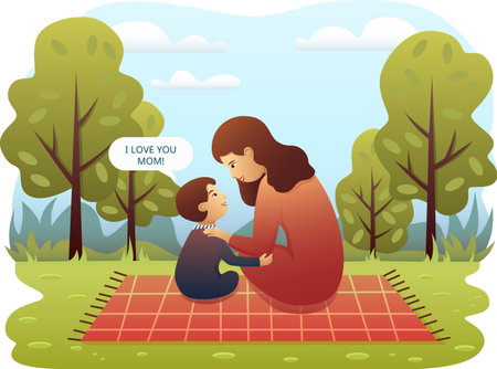 mother and son are sitting in the park in natureのイラスト素材