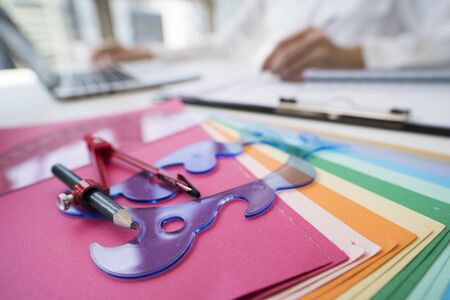 Close-up of items used by designers.の写真素材