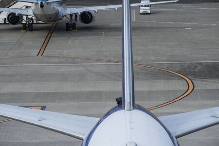 Close-up of an airplane preparing to take off.の写真素材