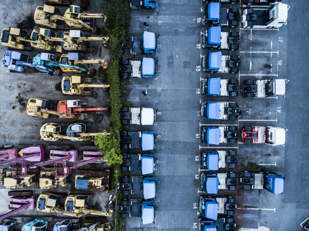 Lots of parked trucks. Aerial shooting from directly above.の写真素材