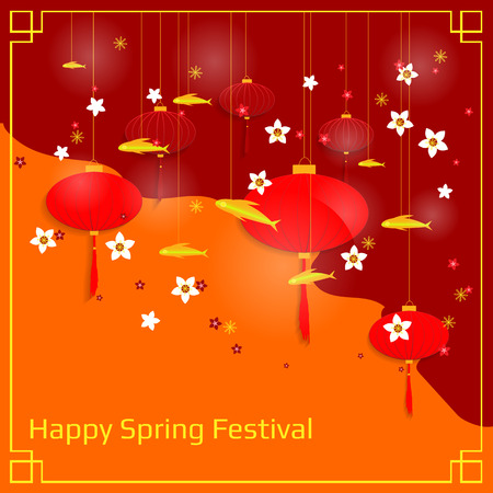 Chinese New Year banner with paper lanterns and flowers. Traditional Spring Festival. Vector illustration.の写真素材