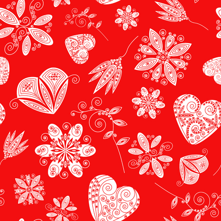 Decorative seamless pattern with lot of valentines hearts and flowers. Vector illustration.の写真素材