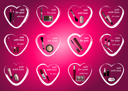 Set of twelve Valentine hearts and cosmetics items for promotions for Valentine's Day. Vector illustrationの写真素材