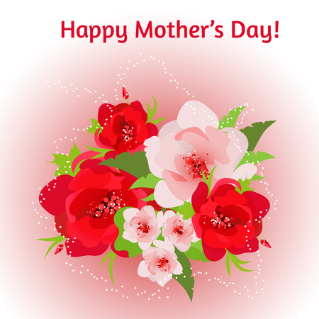 Mother's Day card with a bouquet of red flowers on a pink background. Vector illustrationの写真素材