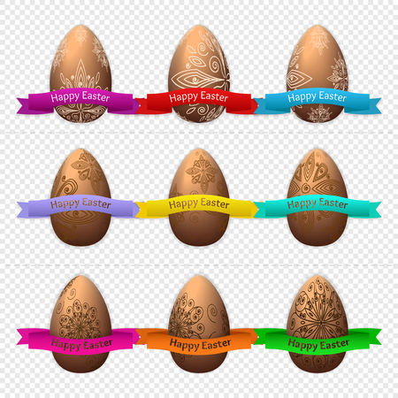 Set of nine Easter eggs made of chocolate on a transparent background with ribbon. Vector illustrationの写真素材