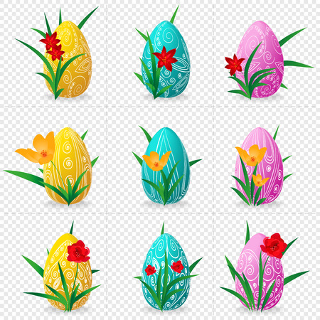Set of nine easter eggs on a transparent background with flowers and grass. Vector illustrationの写真素材