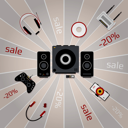 Banner for sale with multicolor electronic devices. Vector illustrationのイラスト素材