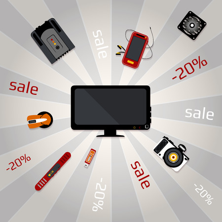 Banner for sale with multicolor electronic devices. Vector illustrationのイラスト素材