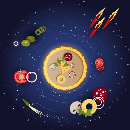 Pizza and ingredients on a dark blue background with stars. Vector illustrationの写真素材
