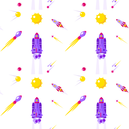 A Seamless pattern with spaceship, planets and comets on white background. Vector illustration.のイラスト素材