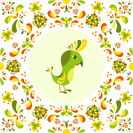 Element for design. Cartoon bird surrounded by a colorful pattern of flowers. Vector illustrationのイラスト素材