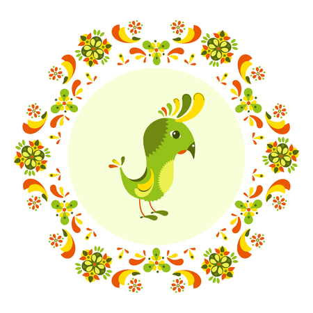 Element for design. Cartoon bird surrounded by a colorful pattern of flowers.のイラスト素材