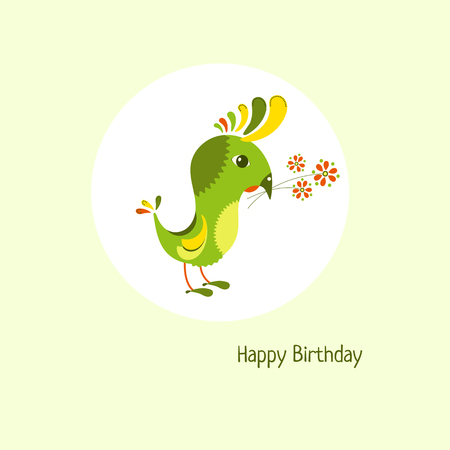 Cartoon birthday card with cute bird and bouquet.のイラスト素材