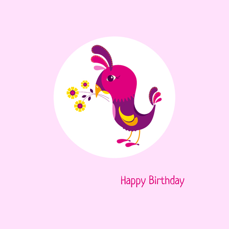 Cartoon birthday card with cute bird and bouquet.のイラスト素材