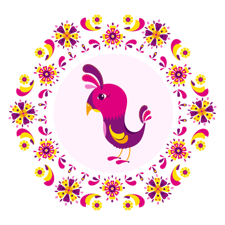 Element for design. Cartoon bird surrounded by a colorful pattern of flowers.のイラスト素材