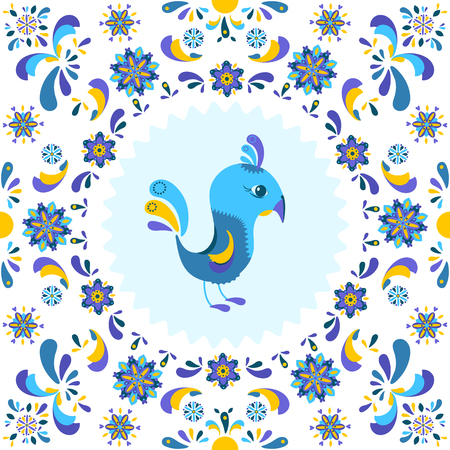 Element for design. Cartoon bird surrounded by a colorful pattern of flowers.のイラスト素材