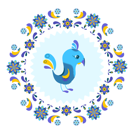 Element for design. Cartoon bird surrounded by a colorful pattern of flowers.のイラスト素材