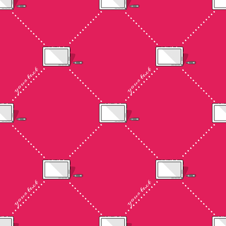 Seamless symmetrical pattern with a black and white gadget picture on a bright colored background.のイラスト素材