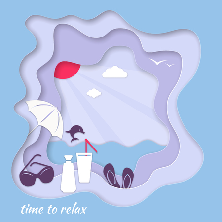 Paper seascape Time to relax. In the foreground travel accessories for relaxation: umbrella, drink, slippers, sunglasses, sun cream. Vector illustrationのイラスト素材