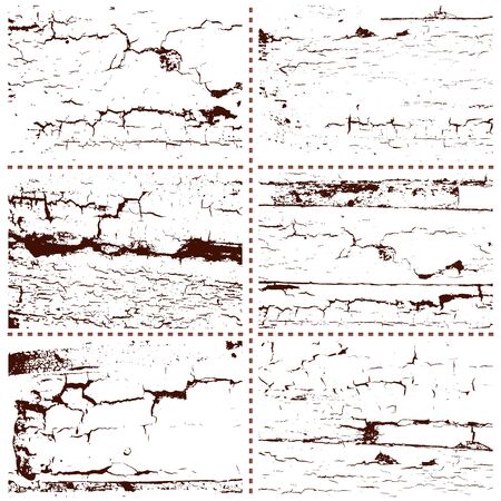 Set of six isolated patterns of cracks in grunge or vintage design elements.のイラスト素材