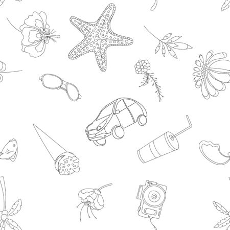 Seamless pattern with hand-drawn objects on the theme of the sea and vacation. Vector illustrationのイラスト素材