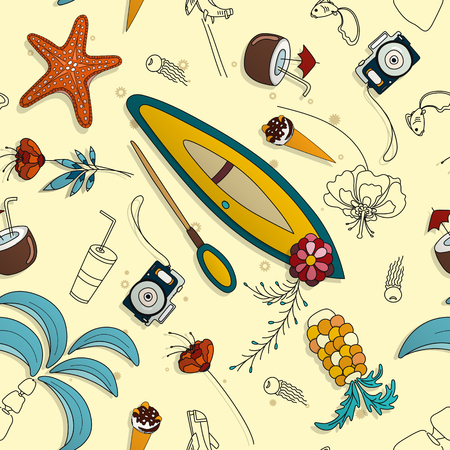 Seamless pattern with hand-drawn objects on the theme of the sea and vacation. Vector illustrationのイラスト素材
