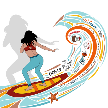Design for a banner or flyer with a sea wave, flowers, a girl on a surfboard, a sea star, a turtle and a jellyfish, inscriptions and a big shadow of a girl. Vector illustrationのイラスト素材