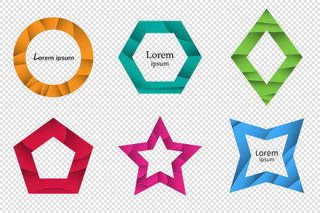 Set of colorful 3D origami geometric shapes for the design of icons, banners and other. Trendy concept multi layers papercut effect isolated on transparent background. Vector illustrationのイラスト素材