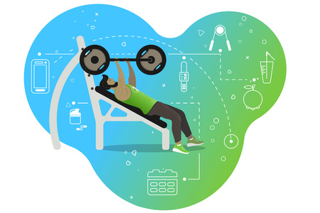 A man with a barbell. Sports activities in the gym. Multi-colored background and healthy lifestyle icons. Vector illustration.のイラスト素材