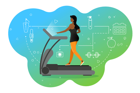 The girl on the treadmill. Sports activities in the gym. Multi-colored background and healthy lifestyle icons. Vector illustration.のイラスト素材