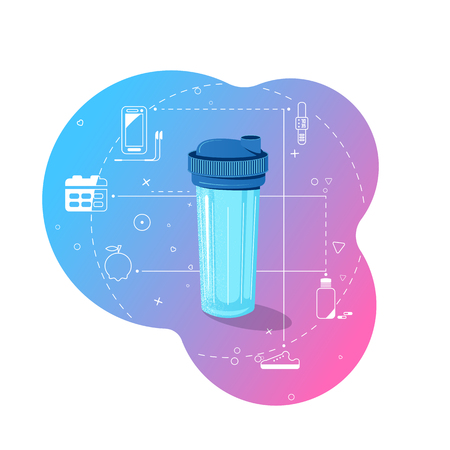 Sport equipment. Shaker with a blue cap on a multi-colored background and healthy lifestyle icons. Vector illustration.のイラスト素材