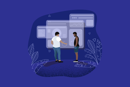 Teamwork concept. Modern workplace. Shared working environment. Business people working at the computers and communicate in the open space creative office. Co-working center. Flat vector illustrationのイラスト素材