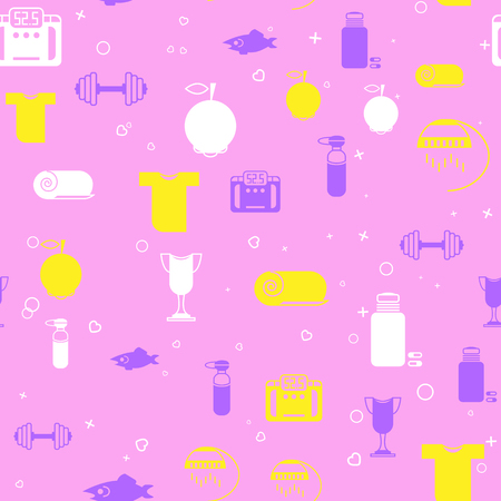 Seamless pattern with symbols of healthy lifestyle, fitness and sports nutrition. Vector illustrationのイラスト素材