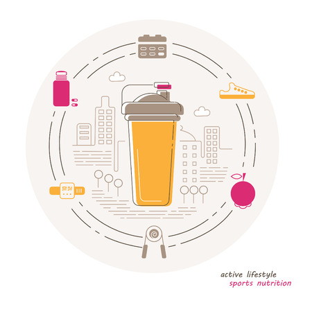 Shaker surrounded by symbols of healthy lifestyle, fitness and sports nutrition against the modern city. Vector flat illustrationのイラスト素材