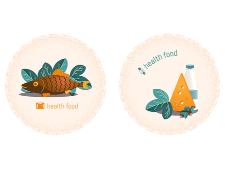 Set of two stickers with grain texture on the theme of healthy lifestyle, fitness and sports nutrition. Vector illustration.のイラスト素材