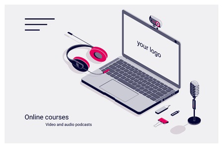 Isometric flat template home page of online courses with laptop, flash drive, microphone and headphones. Vector illustrationのイラスト素材