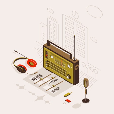 Radio show or educational program isometric flat template with microphone, radio and headphones. Vector illustrationのイラスト素材
