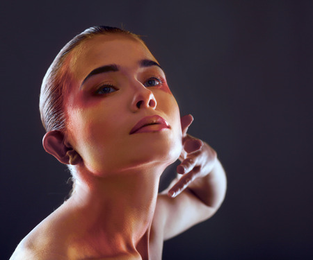 beautiful make up of bright lips, isolated on grey の写真素材