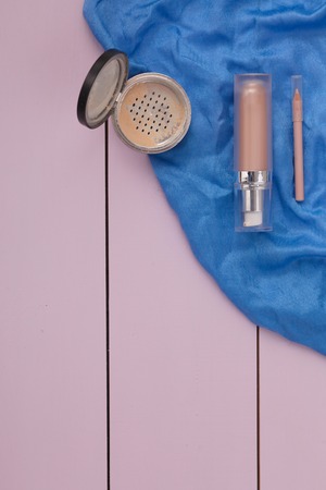cosmetics makeup and essentials on wooden background.の写真素材