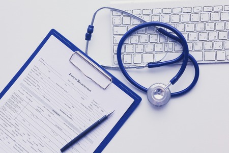 Tablet PC and medical equipments, medical technology concept. Stethoscopeの写真素材