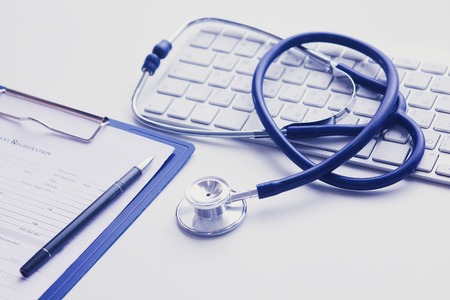 Tablet PC and medical equipments, medical technology concept. Stethoscopeの写真素材