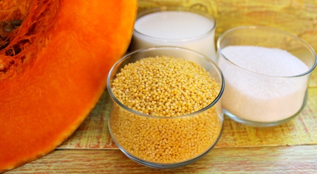 Pumpkin ripe sweet, millet and other ingredients for millet porridge with pumpkinの写真素材